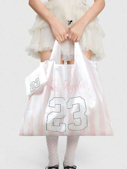 Kawaii Large Capacity Foldable Tote Bag With Zipper Pouch, Minimalist Pink & White Numeral Graphic Design, Portable Shopping Bag 1398266