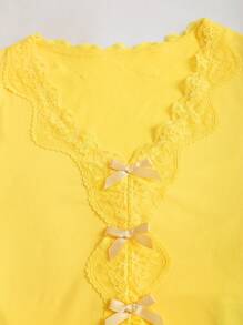 Sweetra Summer Elegant Lace Patchwork Bow Decor T-Shirt
