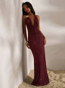 Opulessa 女式纯色针织网眼露背鱼尾吊带连衣裙