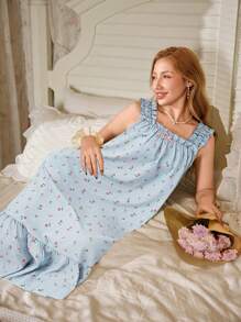 CottageSlumber Romantic Ditsy Floral Ruffle Trim Nightgown - Multicolor - View 3