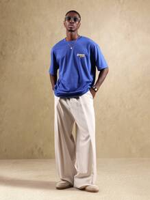 SUMWON Social Club 图案印花棉质 T 恤休闲都市街头风夏季休闲宽松常规版型舒适必备 - 寶藍色 - 查看 6