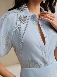 Anewsta Elaire 优雅百搭缀饰水钻彼得潘领泡泡袖女式衬衫 - 藍色 - 查看 1