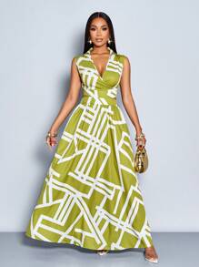 SOLERSUN 女士优雅时尚全身印花 V 领腰部镂空设计无袖长裙（随机花卉图案）