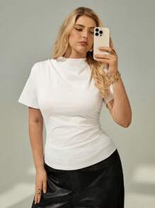 SHEIN Essnce Women Plus Size Solid Color Simple Short Sleeve T-Shirt - White - View 3
