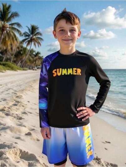 青少年男孩树叶印花渐变色长袖沙滩裤泳衣套装，夏季假期