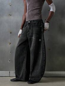 NEON BLANC Men's Street Fashion Woven Long Curved Knife Loose Fit Jeans, Grunge, Couple Things - Black - View 4