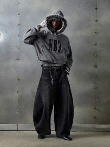 NEON BLANC Men's Street Fashion Woven Long Curved Knife Loose Fit Jeans, Grunge, Couple Things - Black - View 7