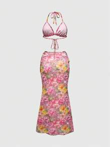 ROMWE J-Fashion Y2K Retro Stylish Women 2 Pieces Set: Sheer Leopard & Floral Print Bikini Top And Skirt, Beach Vacation Outfit - Pink - View 2