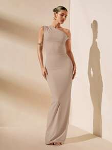 SHEIN BAE Vestido blanco puro con cuello asimétrico sexy, ajustado, con espalda retorcida, elegante, para vacaciones, dama de honor, fiesta de cumpleaños, graduación