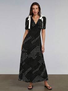 Athîral Polka Dot Print Tie Shoulder Dress - Black - View 4
