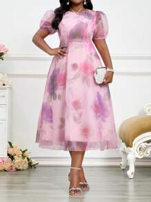 SHEIN Lady Vestido Body con contraste de cuello, manga globo y malla, de punto morado, elegante para oficina y uso diario, tallas grandes, vestidos elegantes de mujer, ropa de verano elegante, ropa de primavera
