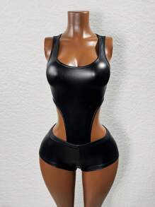 Mistrie Mono de PU con cortes estilo callejero salvaje y sexy para mujeres, artículo a juego para festivales de música, conjunto de una sola pieza - Negro - Ver 3