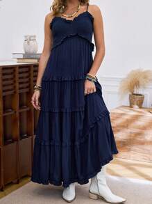 LanaWest Women's Layered Ruffle Hem Maxi Camisole Dress - Navy Blue - View 3