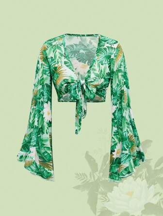 The White Lotus Cardiganes de mujer de gasa para playa y vacaciones de verano con nudo delantero, mangas acampanadas y puños con volantes