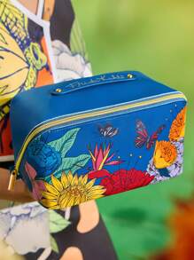 Frida Kahlo X SHEIN 1 pieza Bolsa de cosméticos de piel de PU con estampado floral de artista, de gran capacidad y plana. Bolsa de almacenamiento multifuncional para artículos pequeños, ideal para llevar diariamente, viajes, trabajo, maquillaje o estudio, adecuado para mujeres y estudiantes, artístico y elegante