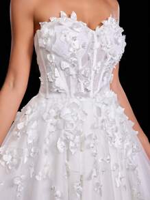 Glamrae 优雅奢华蕾丝刺绣网眼泡泡袖性感高开衩连衣裙，适合婚礼、派对、蜜月、新娘穿着 - 米色 - 查看 7