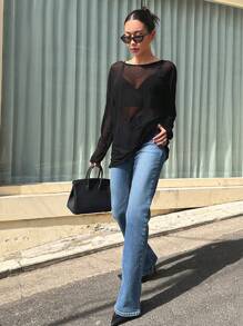 DAZY Solid Drop Shoulder Sheer Mesh Top Without Bra,Ladies Casual Drop Shoulder Round Neck Regular Fit Black Plain Women Tops,Spring/Fall,Party/Nightclub Outfits Going Out Tops Festival Long Sleeve Women Tops - Black - View 3