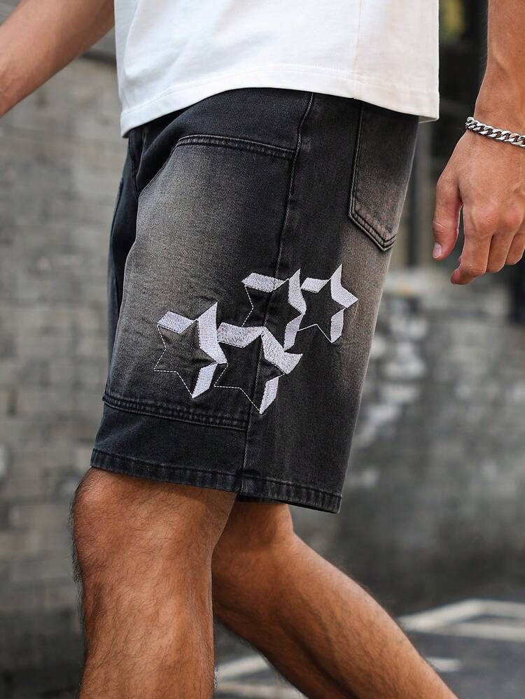 Manfinity Homme 男士五角星图案口袋休闲百搭牛仔短裤 - 黑色 - 查看 3