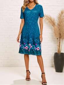 SHEIN 女士时尚优雅V领印花中长连衣裙 - 彩色 - 查看 3