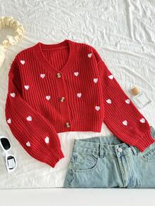 SHEIN V领宽松落肩开衫，带心形刺绣，适合秋冬季 - 紅色 - 查看 8