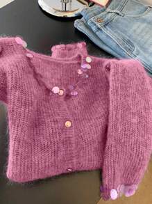 INAWLY Áo len cardigan đính hạt chắp vá thường ngày cho nữ - Màu Hồng Tươi - Xem 4