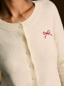 Poéselle White Knitted Top, Long Sleeve Cardigan, Bow Embroidery, Autumn Clothing,Office Attire For Women,1pc Women's Casual Versatile Bowknot Embroidery Cardigan Women Cropped Cardigan Crop Cardigan Women Cream Cardigan,The Fabric Is Soft And Comfortable, Suitable For Daily Wear, Going Out, Home, Dating,Fall Women Clothes , Holidays And Other Occasions - Apricot - View 2