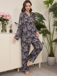 LuxeNights Bộ đồ ngủ tay dài cổ bẻ in họa tiết toàn thân, trang phục thu đông - Nhiều màu - Xem 3