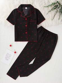 SHEIN Girl's Apricot Cute Cherry Print Casual Loose Shorts And Long Pants 2Pcs Pajama Set Cherry Pajama Set - Black - View 4