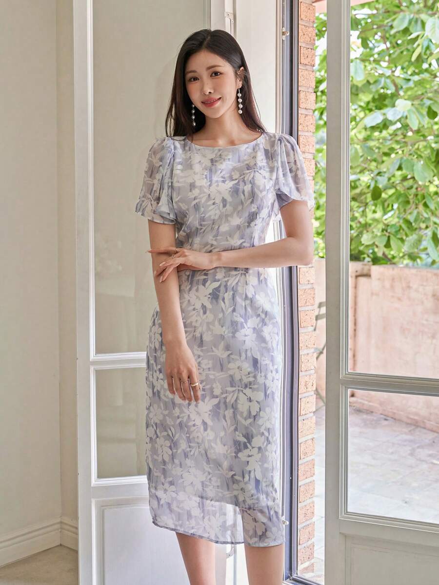 DAZY Women Ditsy Floral Ruffle Sleeve Mid-Length Dress, Elegant Style Easter - Light Grey - View 1