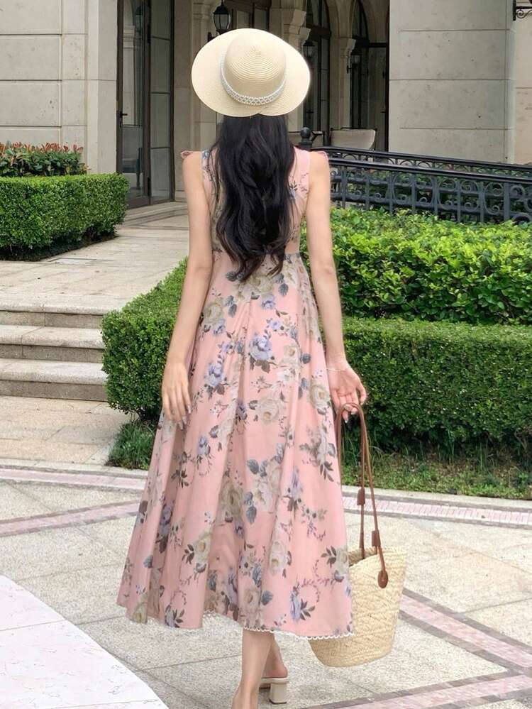 Women's Elegant Floral Lace Patchwork Tie-Up Mid-Length Dress, Summer Maxi Dress Boho