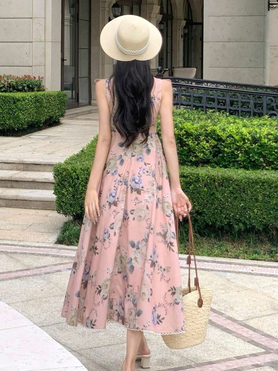 Women's Elegant Floral Lace Patchwork Tie-Up Mid-Length Dress, Summer Maxi Dress Boho Vacation Outfits Women