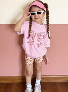 SHEIN Bộ 2 món/Bộ áo ngắn tay đơn giản thường ngày cho bé gái và quần short, thích hợp cho mùa hè - Nhiều màu - Xem 3