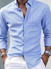 Manfinity Mode Men's Business Casual Blue Long Sleeve Striped Shirt, Nice Shirts For Men, For Fall - Baby Blue - View 3