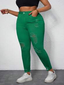 Slaydiva Jeans de corte slim fit, desgastados y de unicolor, para tallas grandes - Verde - Ver 3