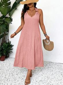 SHEIN Frenchy Vestido largo de verano con cuello en V y tiras de hombro con adornos de aro de madera, tela fluida texturizada, vestido de playa de verano de talla grande en colores pastel, vestido largo de playa de verano para mujeres