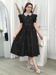 Rochie mini elegantă cu mânecă scurtă și decor cu perle pentru fete adolescente