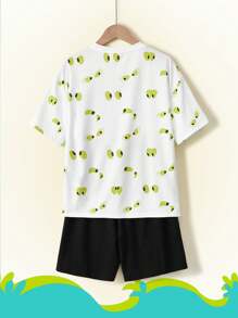 SCOOBY-DOO X SHEIN 青少年男孩卡通眼睛图案白色休闲百搭短袖 T 恤和黑色宽松短裤套装，夏季 - 黑與白 - 查看 2