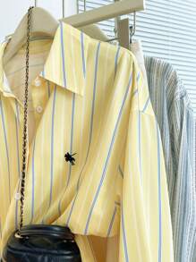 INAWLY Women Casual Commuter Striped Long Sleeve Shirt - Yellow - View 7