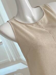 女士亚麻简约休闲无袖圆领迷你连衣裙，夏季演唱会服装，适合返校穿着 - 米色 - 查看 5