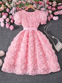 女童纯色泡泡袖3D花卉优雅连衣裙（配腰带），夏季 - 粉色 - 查看 3