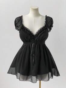 Sunspun Plus Size Women Elegant Solid Color Lace Trim Blouse, Summer - Black - View 4