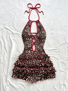 Soleia Women's Retro Leopard Print Stitching Red V-Neck Halter Tied Front Hollow Ruffle Hem Jumpsuit, Slim Fit Sexy Outfit For Vacation, Date, Music Festival, Bohemian,Summer Outfits For Women,Vacation Outfits Woman,Vacation Outfits Woman, Off The Shoulder Dress Leopard Print Bathing Suit Cheetah Print Bathing Suit Animal Print Swimsuit Bathing Suit Dress Ruffle Bathing Suit - Multicolor - View 3