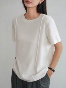 Dazy-Less 女士圆领宽松休闲商务拼布短袖T恤上衣，夏季 - 白色 - 查看 4
