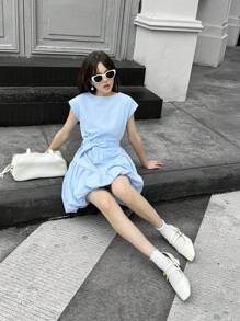 SHEIN Vestido de verano elegante con parche floral de estilo capullo para niñas adolescentes - Celeste - Ver 7