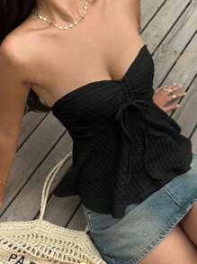 SHEIN EZwear 女士度假休闲黑色抽绳抹胸上衣 - 黑色 - 查看 7