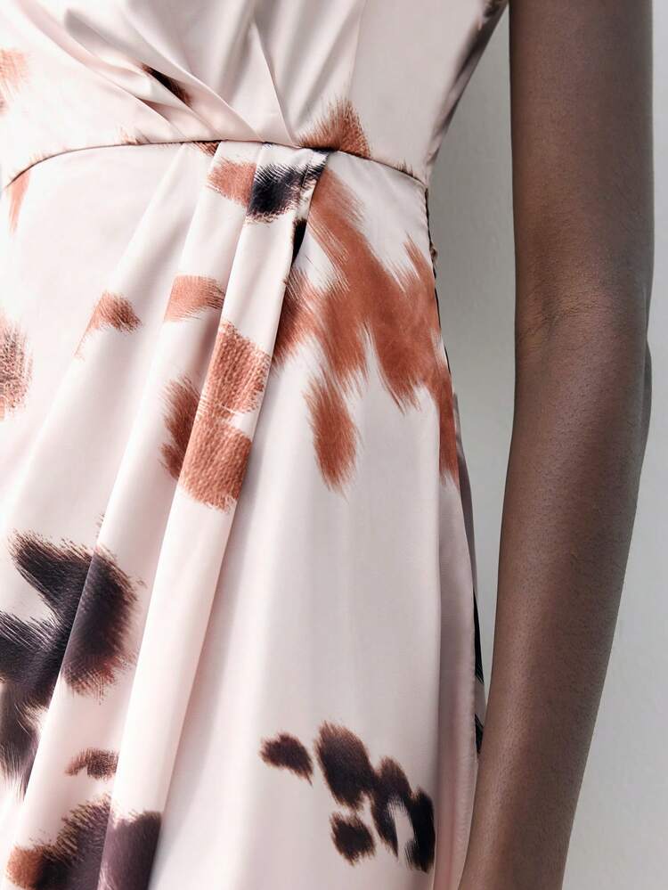 SHEIN Maija 2025 Summer New Cheetah Print Twist Knot Ruched Round Neck Pullover Satin Midi Dress, Urban Commute Elegant Modern Romantic Casual Party Beach Holiday Music Festival Brunch Office Graduation St. John's Eve