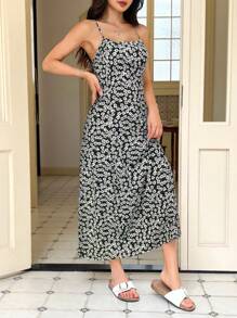 SHEIN EZwear 女士黑色碎花梭织吊带裙