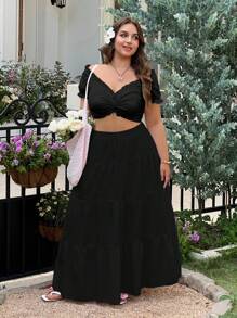 SHEIN EZwear Falda suelta con volantes de talla grande en negro, para vacaciones, primavera/verano - Negro - Ver 5
