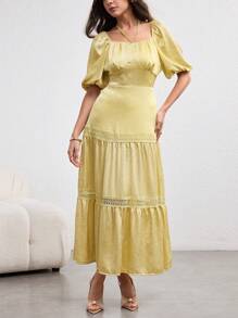 Modelyn Fashionable & Elegant Tie Neck Patchwork Knitted Yellow Dress - Yellow - View 7