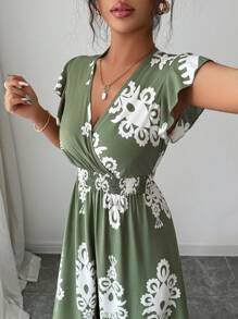 SHEIN LUNE Đầm dài họa tiết hoa xanh lá cây xếp ly tay lửng thiết kế hở eo phong cách nghỉ dưỡng giản dị cho nữ - màu xanh lá - Xem 6